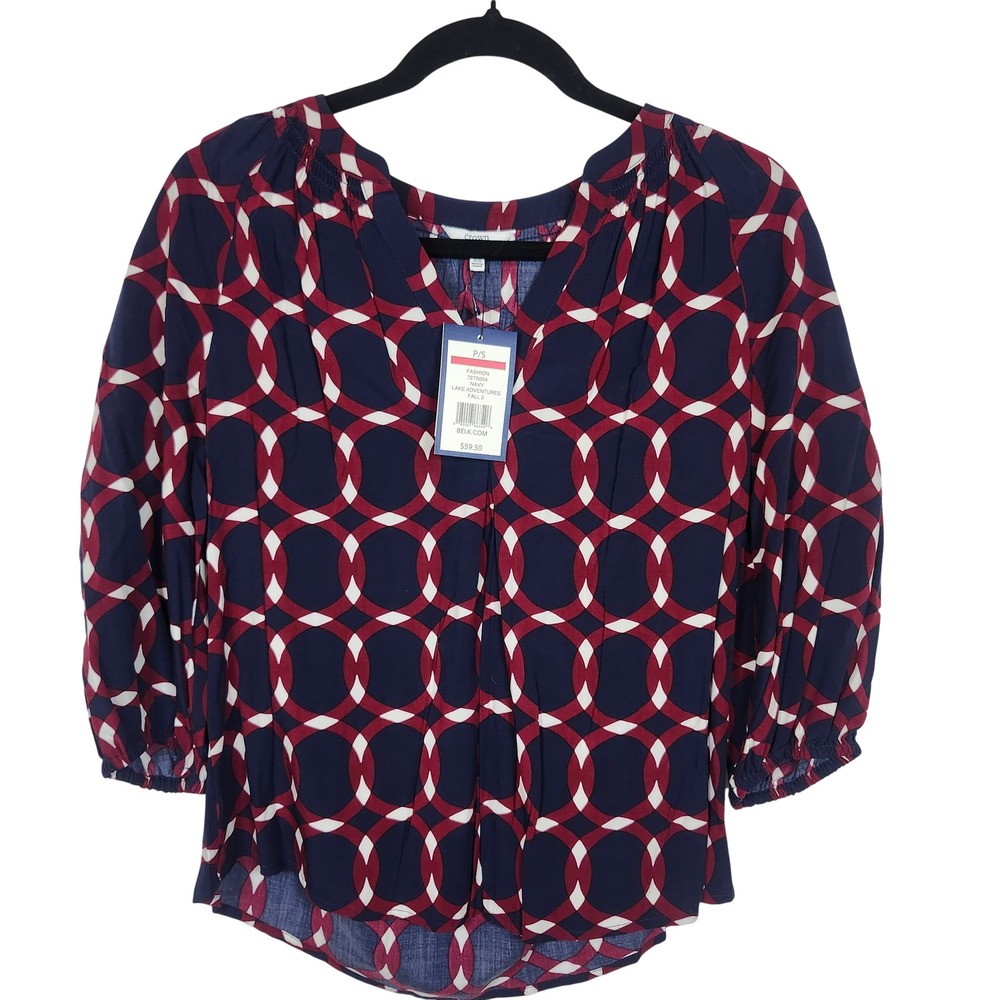 Crown & Ivy Petite Navy Red Geometric Circle V-Neck Blouse 3/4 Sleeve P/S‎ NEW